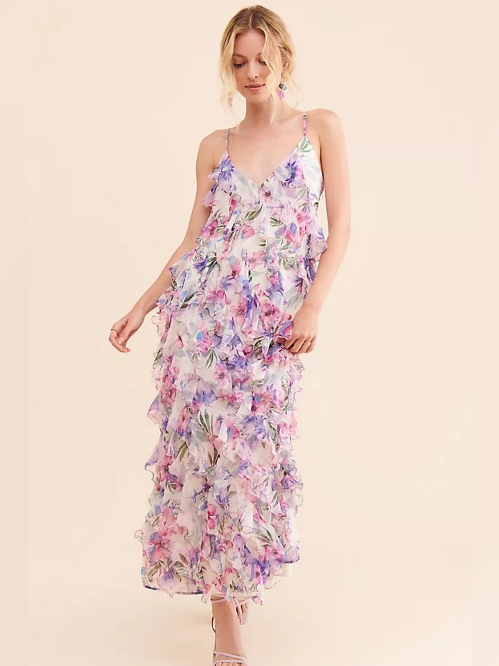 BHLDN Let Me Be Jia Ruffle Maxi Dress Floral Purple Blue Size 12